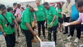 Asisten II Setda Mimika, Willem Naa saat melakukan penanaman pohon. Foto: Kristin Rejang/Sasagupapua.com