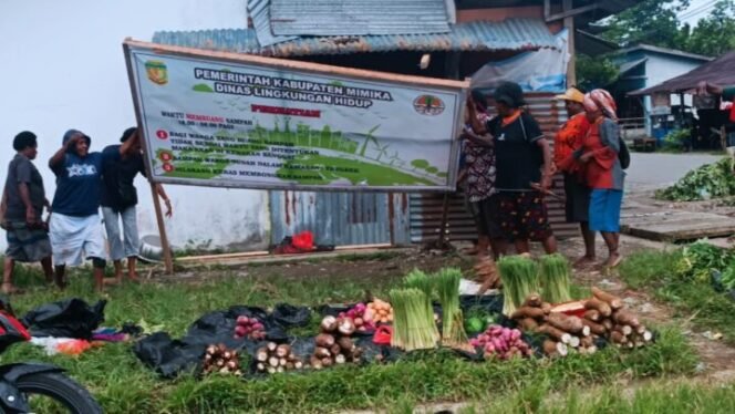 
Mama-mama Papua melepas papan baliho himbauan jam buang sampah yang dipasang di Pasar SP3 sebagai bentuk protes mereka terhadap kerja pemerintah. (Foto: Sasagupapua)