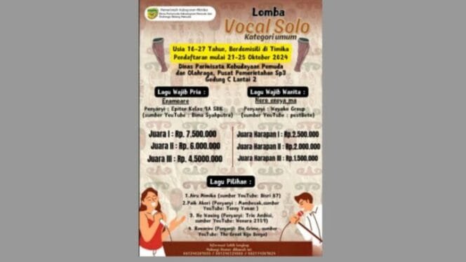 
Bidang Pemuda Disparbudpora Mimika Buka Pendaftaran Lomba Vocal Solo Lagu Daerah Papua, Ayo Segera Daftarkan Dirimu, Hadiah Puluhan Juta !