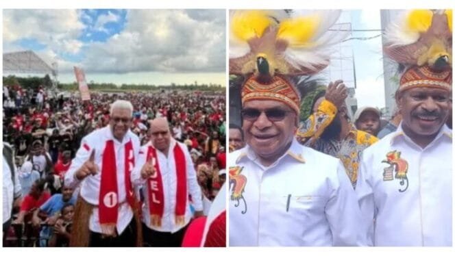 
Bupati dan Wakil Bupati Mimika terpilih, Johannes Rettob-Emanjel Kemong dan Bupati serta Wakil Bupati Kabupaten Puncak, Elvis Tabuni-Naftali Akawal. 