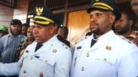 Bupati terpilih Pegunungan Bintang (Pegubin) periode 2025-2030, Spei Yan Bidana dan Arnold Nam, ditemui saat usai acara syukuran pelantikan.(Foto: Istimewa)