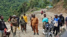 Bupati Dogiyai, Yudas Tebai saat mengunjungi lokasi longsor di KM 141, Senin (1/9/2025). Foto: (pemdadogiyai.id)