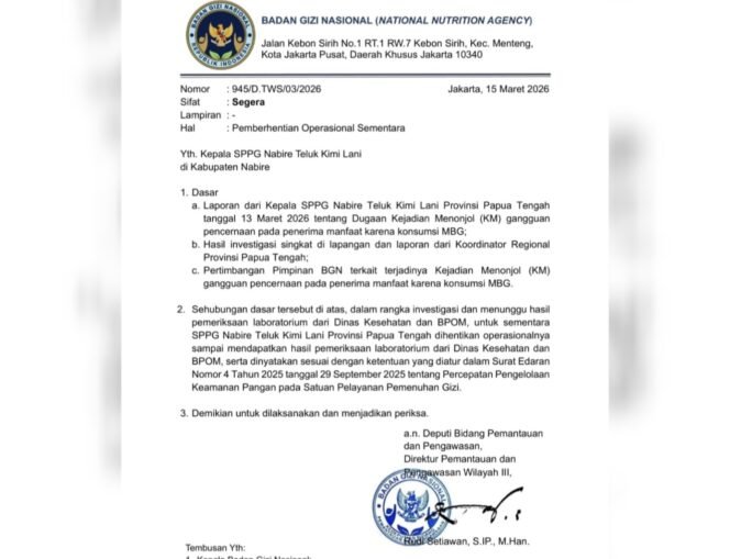 
Investigasi Dugaan Keracunan, BGN Hentikan Sementara Operasional SPPG Lani di Nabire