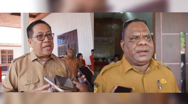 Penjabat (PJ) Sekretaris Daerah Provinsi Papua Tengah, dr. Silwanus Sumule (kanan), Kepala Bapperida Provinsi Papua Tengah, Eliezer Yogi (kiri) saat diwawancarai awak media, Senin (30/3/2026). Foto: Kristin Rejang/sasagupapua.com