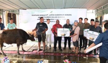 Gubernur Meki Nawipa saat menyerahkan bantuan Kurban. (Foto: Humas Pemprov Papua Tengah)