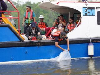 Vice President Environmental PTFI
Gesang Setyadi (kiri, bertopi) melakukan
pelepasan
simbolis
10.000
ikan
baramundi di Muara Tipuka, Distrik
Mimika Timur, Kabupaten Mimika papua
Tengah pada Kamis, 28 Mei 2026.
(Foto: Corcom Freeport Indonesia) 