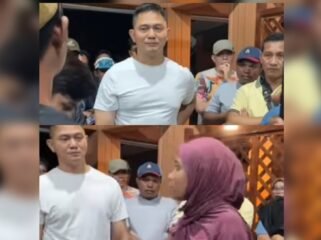 Dandim 1501 Ternate Letkol Inf Jani Setiadi (baju putih) saat berdialog dengan penyelenggara pesta babi. Aparat meminta penyelenggara hentikan pemutaran film dokumenter pesta babi. (Foto: Capture video IG Aji Ternate)