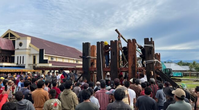 Proses pemasangan tiang utama pembangunan tongkonan di Timika. (Foto: Ist)