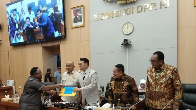 
John Gobai saat menyerahkan Laporan Tailing Freeport Komisi XII DPR RI ke Timika. (Foto: Ist)
