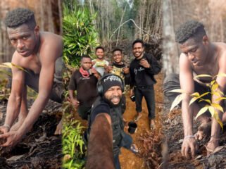 Kiri dan kanan - Seorang anggota Komunitas Papuans Photo, Jeff Tagi saat menanam pohon (Foto: Durry/papuansphoto-Papua Tengah) | Tengah : beberapa anggota PAPUANSPHhoto saat berfoto selfie bersama usai melakukan penanaman pohon di gunung Gamei, (foto: Istimewa)