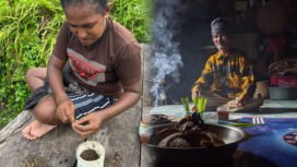 Foto: (kiri) Perempuan adat dari suku Sumuri sedang menjalani aktivitas sehari-hari untuk
mencari makan di sekitar hutan adat milik mereka, marga Simuna. (kanan) Soyong adalah ritual berkomunikasi dengan para leluhur dan alam semesta
dengan izin-Nya.