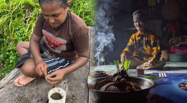 Foto: (kiri) Perempuan adat dari suku Sumuri sedang menjalani aktivitas sehari-hari untuk
mencari makan di sekitar hutan adat milik mereka, marga Simuna. (kanan) Soyong adalah ritual berkomunikasi dengan para leluhur dan alam semesta
dengan izin-Nya.