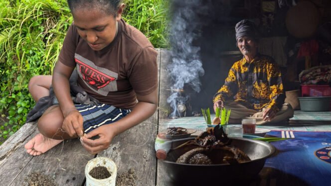 
Foto: (kiri) Perempuan adat dari suku Sumuri sedang menjalani aktivitas sehari-hari untuk
mencari makan di sekitar hutan adat milik mereka, marga Simuna. (kanan) Soyong adalah ritual berkomunikasi dengan para leluhur dan alam semesta
dengan izin-Nya.